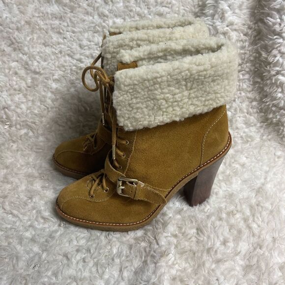 MICHAEL Michael Kors Chestnut leather Suede Sherpa Cuff Laceup  Heel Boots SZ9M - Picture 4 of 10
